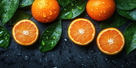 Many orange tangerines with green leaves on dark background. Top view and copy space.の素材