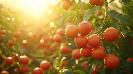 Ripe tangerines or oranges on a branch in the garden ready to harvest after the rain.の素材