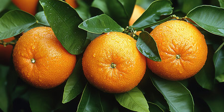 Many orange tangerines with green leaves on dark background. Top view and copy space.の素材