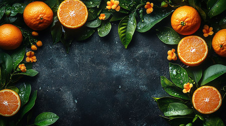 Many orange tangerines with green leaves on dark background. Top view and copy space.の素材
