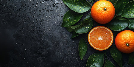 Many orange tangerines with green leaves on dark background. Top view and copy space.の素材