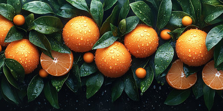 Many orange tangerines with green leaves on dark background. Top view and copy space.の素材