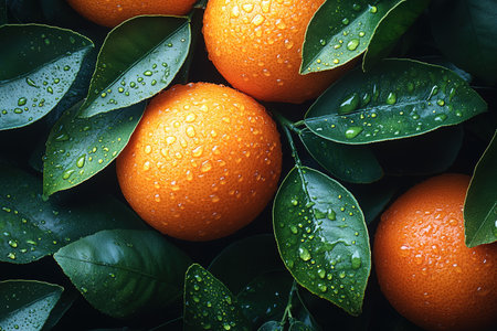 Many orange tangerines with green leaves on dark background. Top view and copy space.の素材