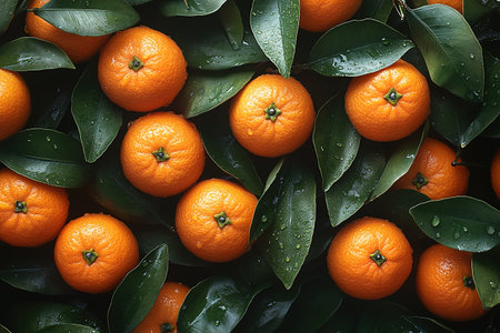 Many orange tangerines with green leaves on dark background. Top view and copy space.の素材