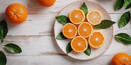 fresh tangerines with green leaves on a tray on a wooden background.の素材