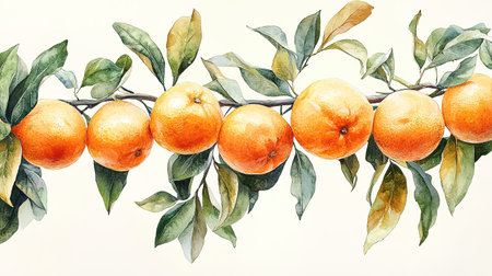 Ripe tangerines or oranges on a branch in the garden ready to harvest after the rain.の素材