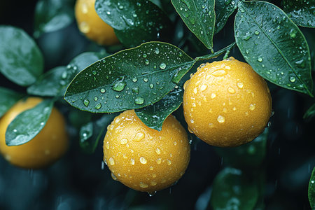 Ripe tangerines or oranges on a branch in the garden ready to harvest after the rain.の素材