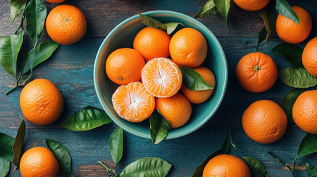fresh tangerines with green leaves on a tray on a wooden background.の素材