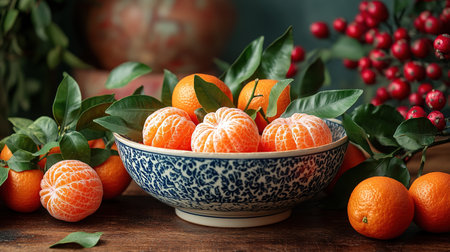 Christmas new year background with tangerines and a fir branch with garland, winter still. selective focus.の素材