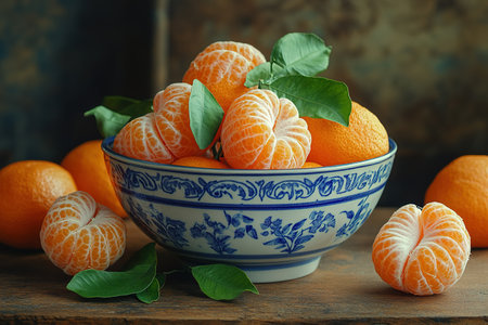 fresh tangerines with green leaves on a tray on a wooden background.の素材