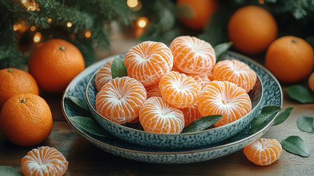 fresh tangerines with green leaves on a tray on a wooden background.の素材