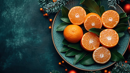 Christmas new year background with tangerines and a fir branch with garland, winter still. selective focus.の素材
