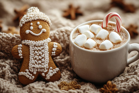 Gingerbread man cookie in cup of hot cocoa or coffee with marshmallow, fir tree, gifts and warm cozy sweater. Christmas greeting card, lights background. Xmas holiday decorations with copy space.の素材
