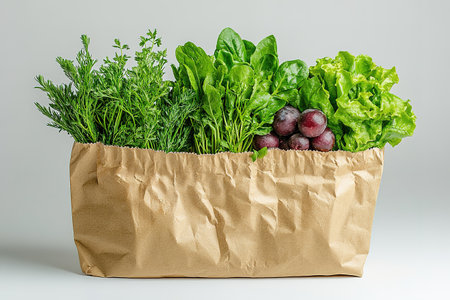 Full paper bag with food. Flat lay. A filled paper bag with a variety of different healthy foods. on a white background. Top view.の素材