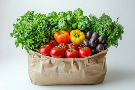 Full paper bag with food. Flat lay. A filled paper bag with a variety of different healthy foods. on a white background. Top view.の素材