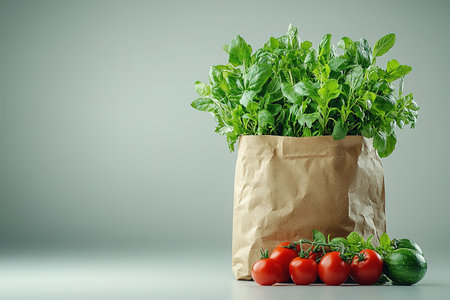 Full paper bag with food. Flat lay. A filled paper bag with a variety of different healthy foods. on a white background. Top view.の素材