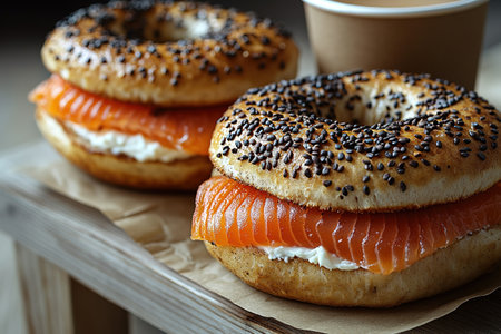 Heart latte art coffee scene with a bagel with egg, avocado, and fish on a wooden table. Perfect breakfast or brunch.の素材