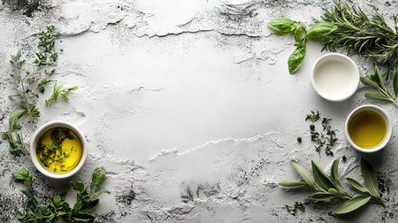 Different colors of olives in white bowl, olive oil mixed with spices in a round shaped porcelain plate. Aerial view. Copy space available.の素材
