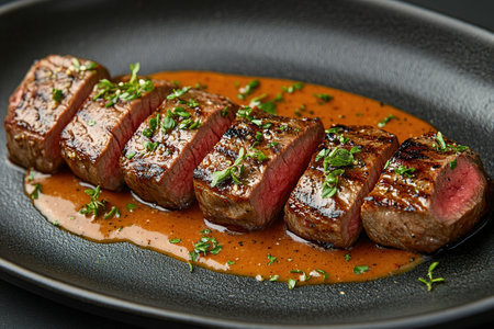 Grilled beef steak with herb and spices. Portion of fried meat cuts with rosemary, garlic, olive oil and ketchup sauce.の素材