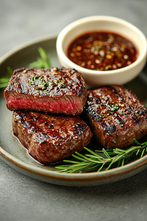 Grilled beef steak with herb and spices. Portion of fried meat cuts with rosemary, garlic, olive oil and ketchup sauce.の素材