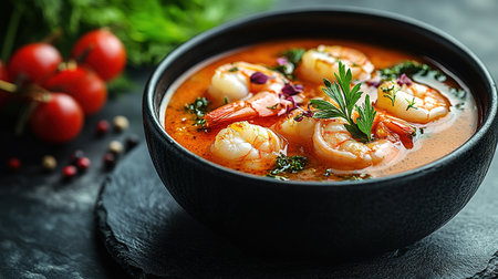 Tom Yum Kung Thai hot spicy soup shrimp with lemon grass,lemon,galangal and chilli on wooden background Thailand Food.の素材