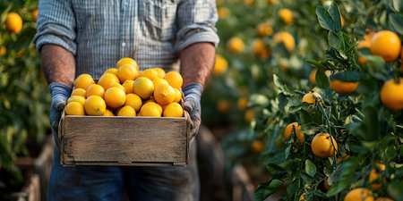 A farmer stands with a box of tangerines, a man picks oranges and tangerines from a citrus plantation, harvesting, picking oranges from a tree.の素材