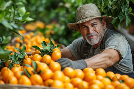 A farmer stands with a box of tangerines, a man picks oranges and tangerines from a citrus plantation, harvesting, picking oranges from a tree.の素材
