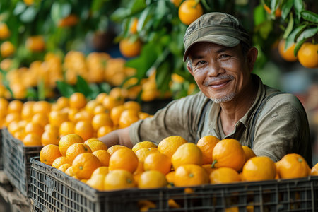 A farmer stands with a box of tangerines, a man picks oranges and tangerines from a citrus plantation, harvesting, picking oranges from a tree.の素材
