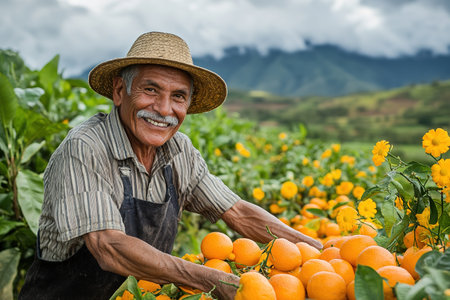 A farmer stands with a box of tangerines, a man picks oranges and tangerines from a citrus plantation, harvesting, picking oranges from a tree.の素材