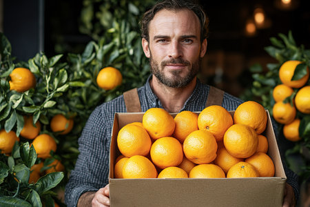 A farmer stands with a box of tangerines, a man picks oranges and tangerines from a citrus plantation, harvesting, picking oranges from a tree.の素材