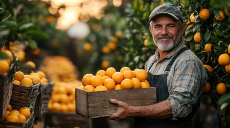 A farmer stands with a box of tangerines, a man picks oranges and tangerines from a citrus plantation, harvesting, picking oranges from a tree.の素材