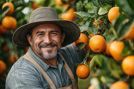 A farmer stands with a box of tangerines, a man picks oranges and tangerines from a citrus plantation, harvesting, picking oranges from a tree.の素材