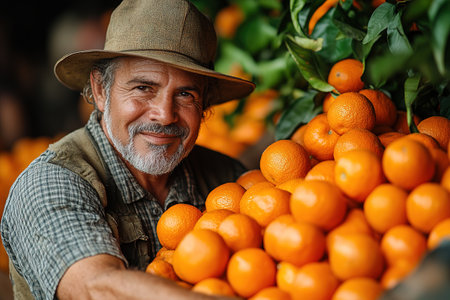 A farmer stands with a box of tangerines, a man picks oranges and tangerines from a citrus plantation, harvesting, picking oranges from a tree.の素材