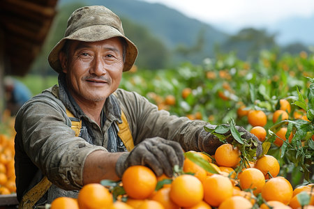 A farmer stands with a box of tangerines, a man picks oranges and tangerines from a citrus plantation, harvesting, picking oranges from a tree.の素材