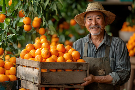 A farmer stands with a box of tangerines, a man picks oranges and tangerines from a citrus plantation, harvesting, picking oranges from a tree.の素材