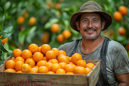 A farmer stands with a box of tangerines, a man picks oranges and tangerines from a citrus plantation, harvesting, picking oranges from a tree.の素材