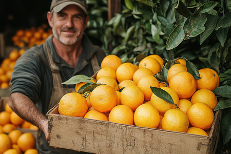 A farmer stands with a box of tangerines, a man picks oranges and tangerines from a citrus plantation, harvesting, picking oranges from a tree.の素材