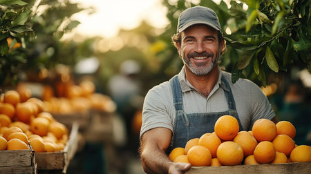 A farmer stands with a box of tangerines, a man picks oranges and tangerines from a citrus plantation, harvesting, picking oranges from a tree.の素材