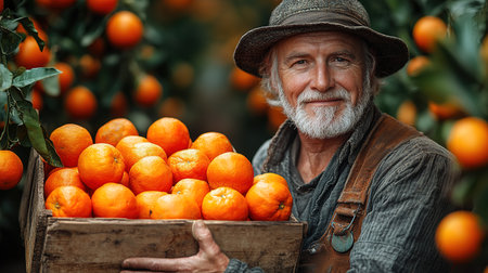 A farmer stands with a box of tangerines, a man picks oranges and tangerines from a citrus plantation, harvesting, picking oranges from a tree.の素材