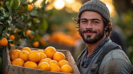 A farmer stands with a box of tangerines, a man picks oranges and tangerines from a citrus plantation, harvesting, picking oranges from a tree.の素材