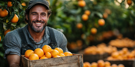 A farmer stands with a box of tangerines, a man picks oranges and tangerines from a citrus plantation, harvesting, picking oranges from a tree.の素材
