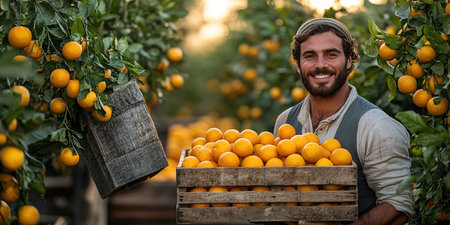 A farmer stands with a box of tangerines, a man picks oranges and tangerines from a citrus plantation, harvesting, picking oranges from a tree.の素材