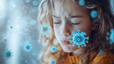 Season of flu. Close up of little kid covered with blanket pressing handkerchief to nose with both hands while sneezing. Cute girl having cold symptoms and resting at comfy apartment.の素材
