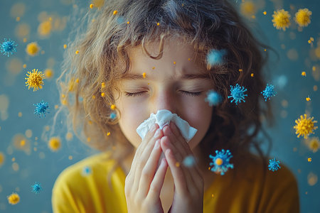 Season of flu. Close up of little kid covered with blanket pressing handkerchief to nose with both hands while sneezing. Cute girl having cold symptoms and resting at comfy apartment.の素材