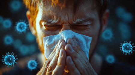 Influenza season. Unhealthy flu-sick man sneezing loudly in tissue, feeling unwell with runny nose, caught cold or allergy symptom. studio shot isolated on blue background. a man sneezes or coughs into a napkin surrounded by virus particles.の素材