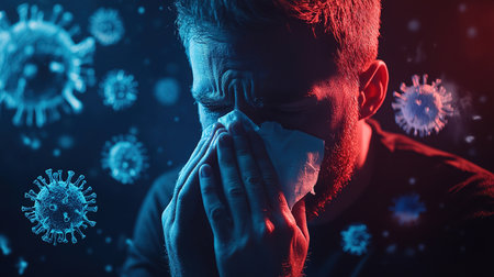 Influenza season. Unhealthy flu-sick man sneezing loudly in tissue, feeling unwell with runny nose, caught cold or allergy symptom. studio shot isolated on blue background. a man sneezes or coughs into a napkin surrounded by virus particles.の素材