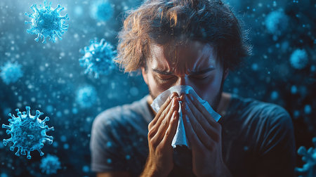 Influenza season. Unhealthy flu-sick man sneezing loudly in tissue, feeling unwell with runny nose, caught cold or allergy symptom. studio shot isolated on blue background. a man sneezes or coughs into a napkin surrounded by virus particles.の素材