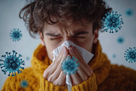 Influenza season. Unhealthy flu-sick man sneezing loudly in tissue, feeling unwell with runny nose, caught cold or allergy symptom. studio shot isolated on blue background. a man sneezes or coughs into a napkin surrounded by virus particles.の素材