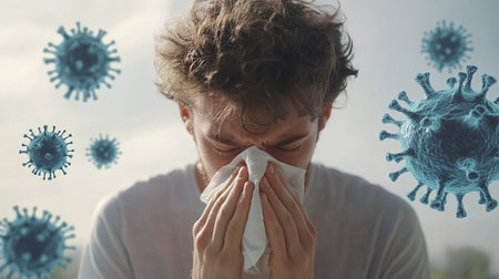 Influenza season. Unhealthy flu-sick man sneezing loudly in tissue, feeling unwell with runny nose, caught cold or allergy symptom. studio shot isolated on blue background. a man sneezes or coughs into a napkin surrounded by virus particles.の素材