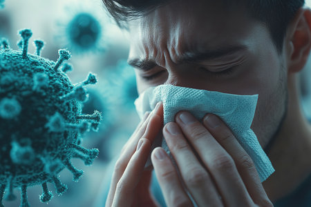 Influenza season. Unhealthy flu-sick man sneezing loudly in tissue, feeling unwell with runny nose, caught cold or allergy symptom. studio shot isolated on blue background. a man sneezes or coughs into a napkin surrounded by virus particles.の素材